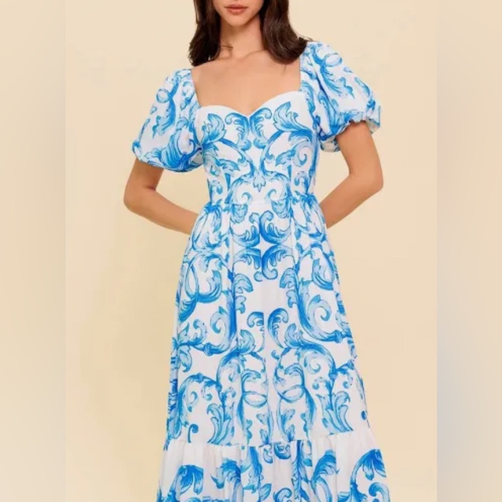 Flying Tomato Swirl Print Maxi Dress in Blue and White